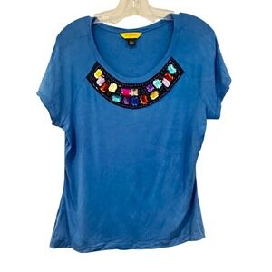 St. John Lightweight Knit Chunky Scoop Neck Tshirt Tee Women's Large Blue Luxury